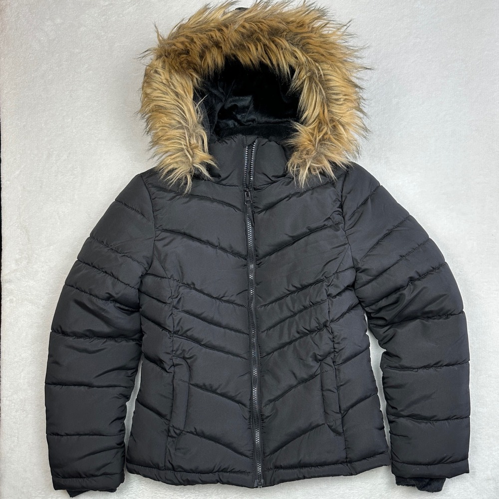 So Girls Black Puffer Jacket Faux‎ Fur Hood Winter Coat Size 10 12